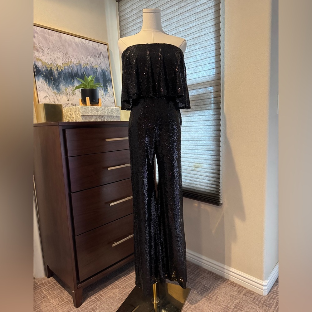 Woman's Premier Amour Black Sequin Jumpsuit Wide-Leg Glamour. Size 6 - Picture 3 of 7